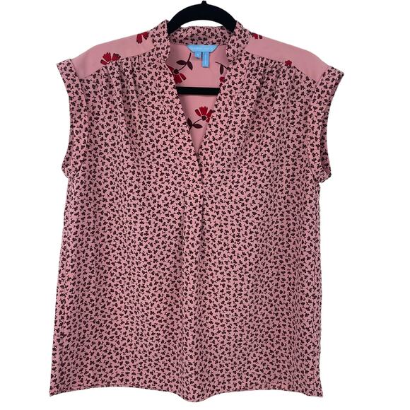 Draper James Cuff Sleeve V Neck Blouse Pink Floral Womens Small - Picture 2 of 7